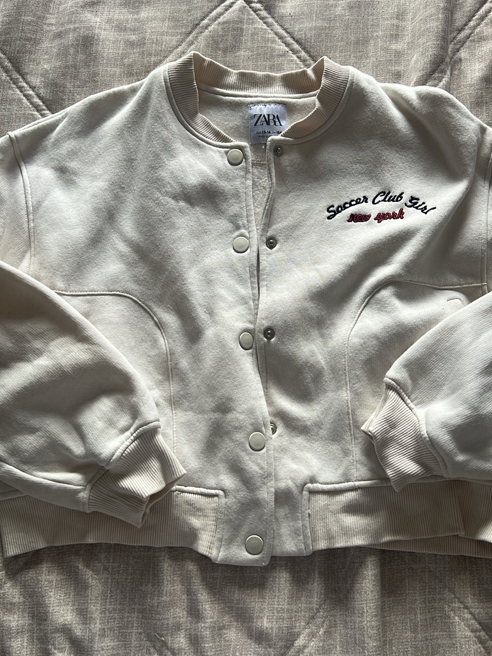 Zara Cream Bomber Jacket with Navy & Red Embroidery